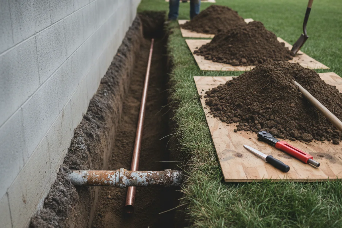 Excavated water line trench during Water Heater Repair in Traverse City